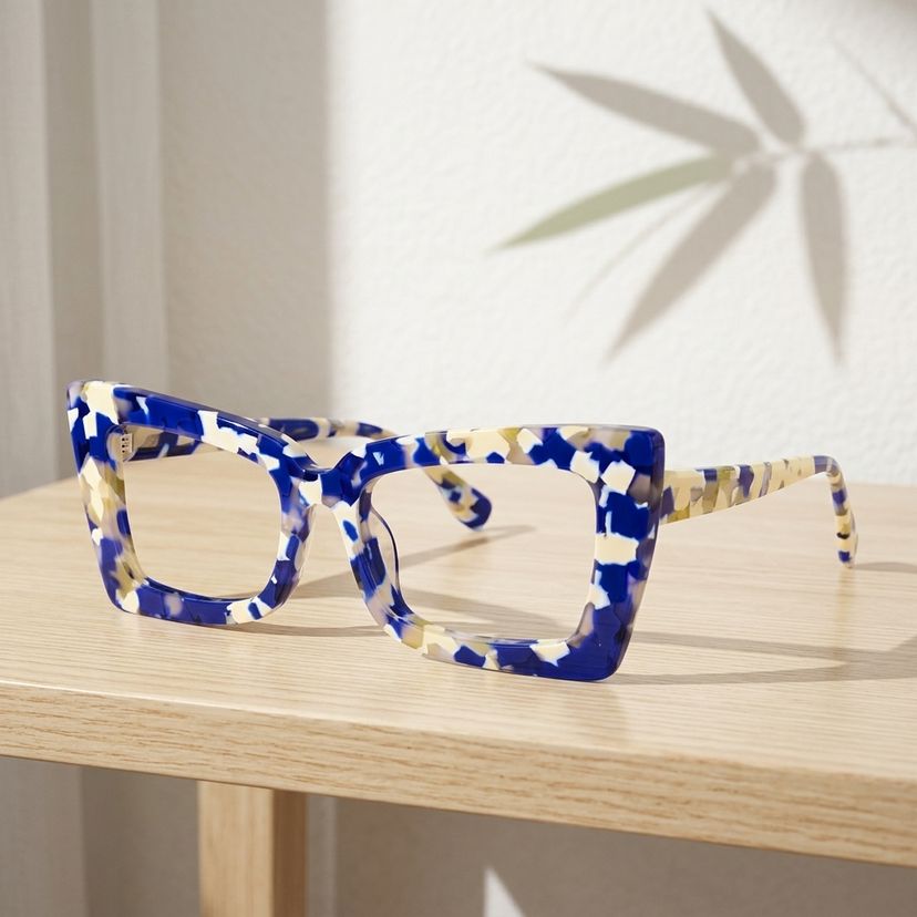 Rectangulaires Acétate Blue-Floral Lunettes