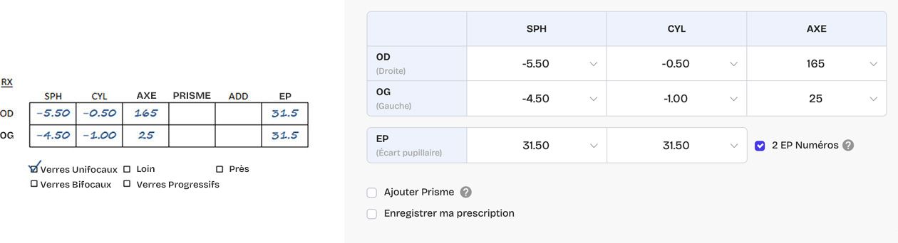 Exemple d’ordonnance pour verres unifocaux 1