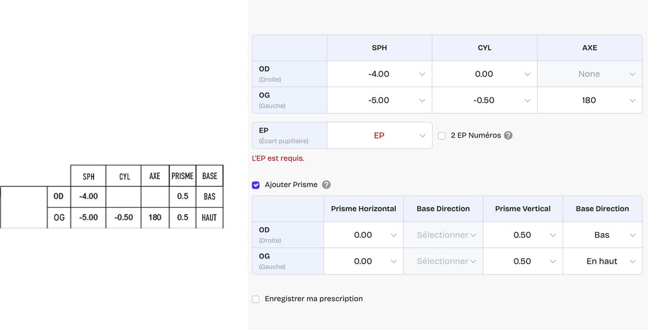 Exemple d’ordonnance pour verres unifocaux avec prismes 1